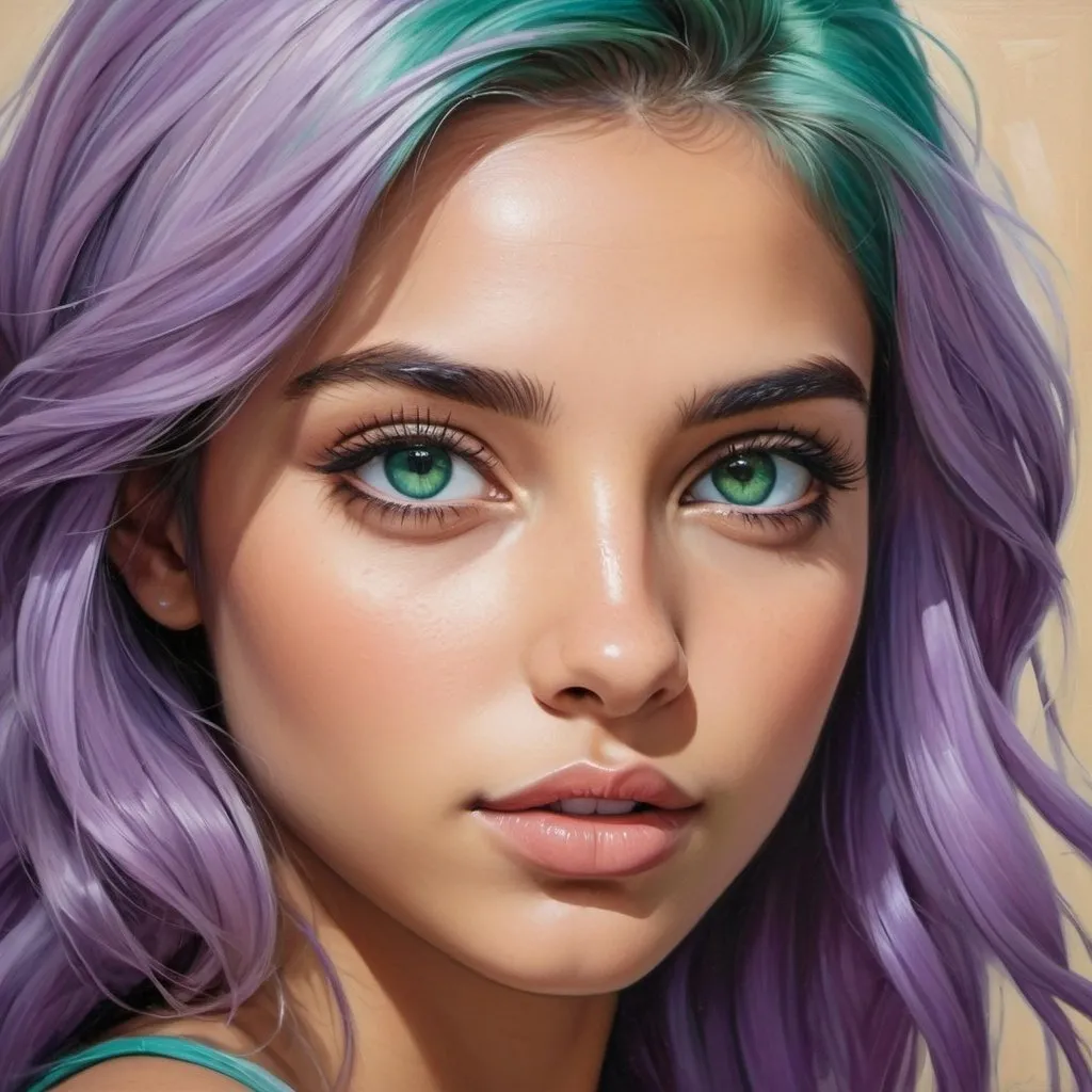 Prompt: Create a girl, high detail, oil painting, beautiful, perfect eyes, perfect hair, teal and lavender colored hair, green eyes, beautiful, tan skin, Greek,