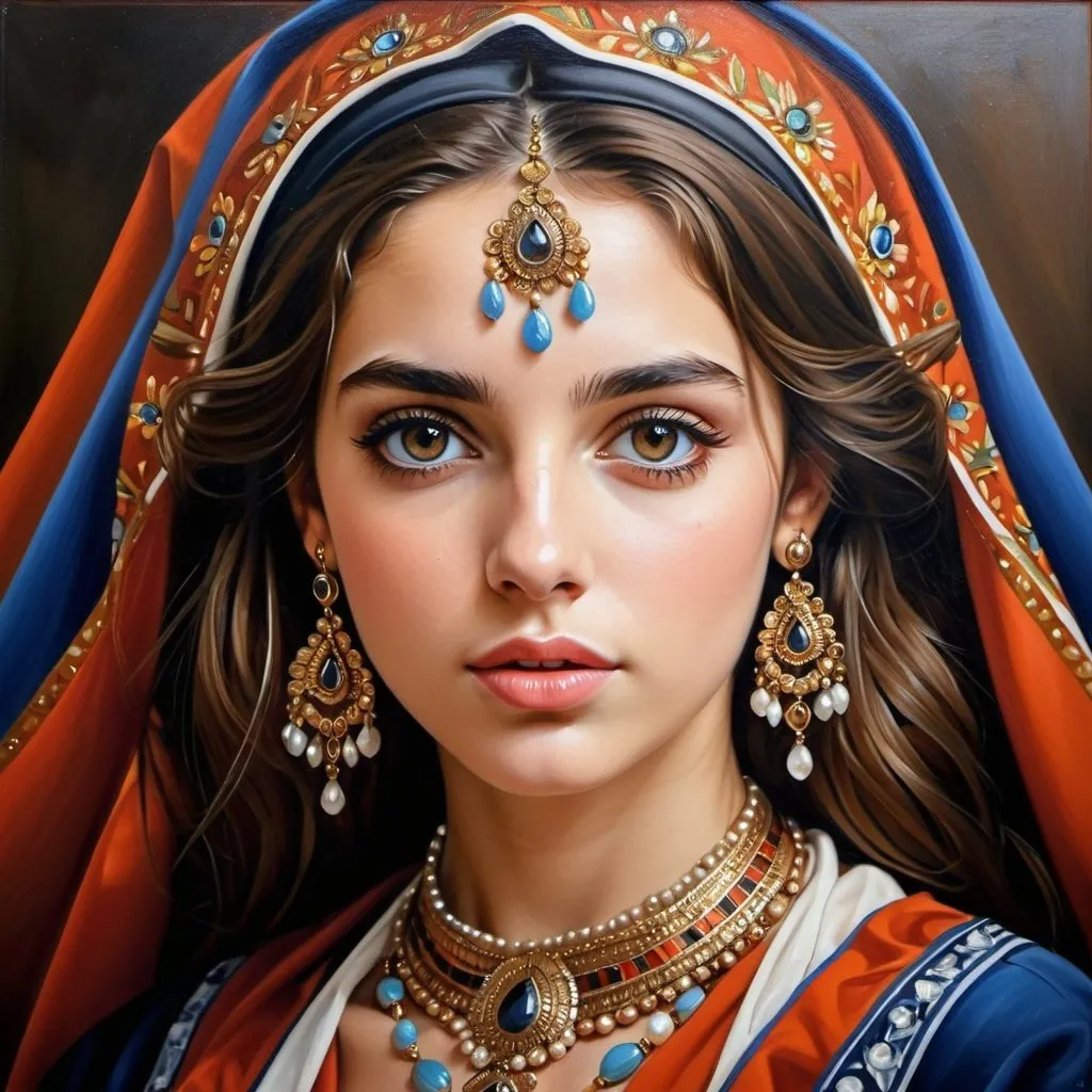 Prompt: Young French women, oil painting, hyper realistic, high details, symmetric, perfect eyes, perfect hair, gorgeous, goddess like, beautiful, dark browns eyes, brown hair, traditional clothing, lots of jewelry, perfect makeup,