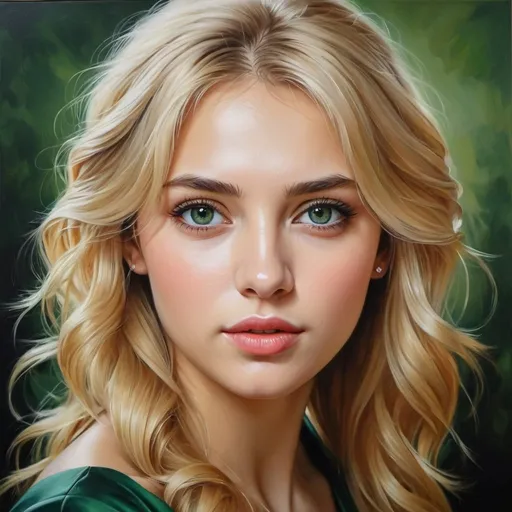 Prompt: Young Russian women, oil painting, hyper realistic, high details, symmetric, perfect eyes, perfect hair, beautiful, dark green eyes, blonde hair,  beautiful dress,