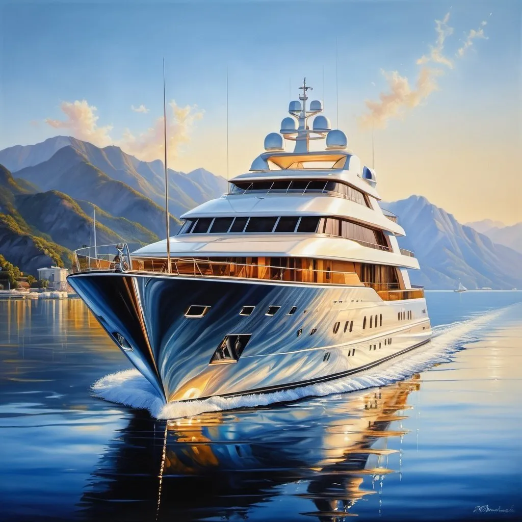 Prompt: A big yacht made of crystal, oil painting, hyper realistic, high details, symmetric, beautiful, defined,