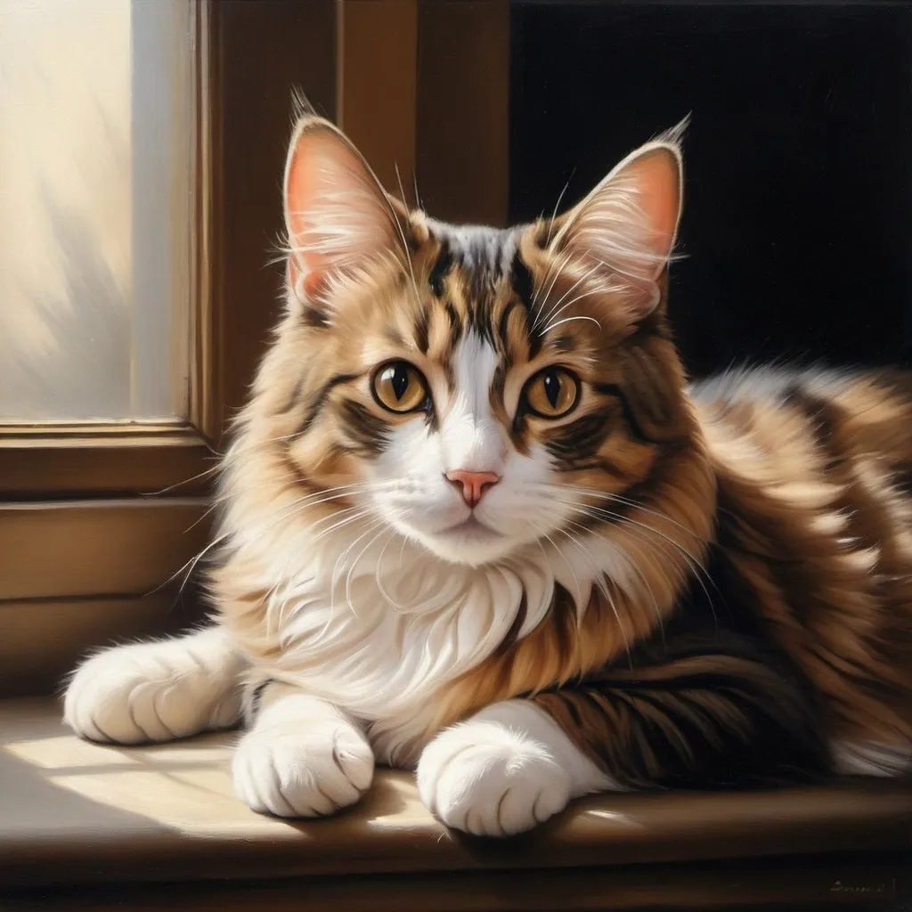 Prompt: A cute cat, oil painting, detail, hyper realistic, ethereal, dark lighting,