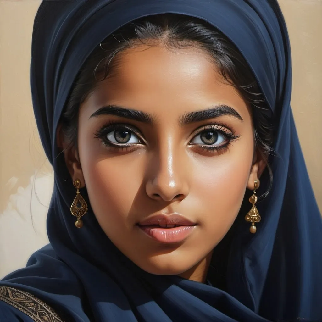 Prompt: Young Arabia women, oil painting, hyper realistic, high details, symmetric, perfect eyes, perfect hair, beautiful, dark grey eyes, black hair, dark skin, traditional navy clothes,