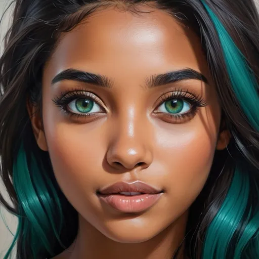 Prompt: Create a girl, high detail, oil painting, beautiful, perfect eyes, perfect hair, dark black, brown, and teal colored hair, very dark green eyes, beautiful, tan skin, dark skin, Mashi,