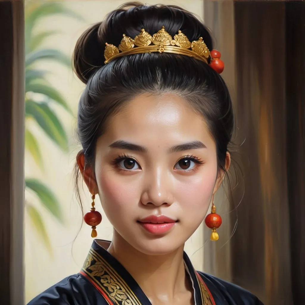 Prompt: Young  Vietnamese women, oil painting, hyper realistic, high details, symmetric, perfect eyes, perfect hair, beautiful, dark brown eyes, black hair,  bun, traditional dress,