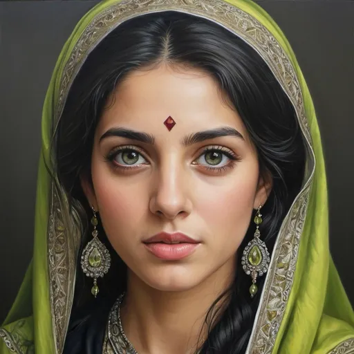 Prompt: Jewish women, oil painting, hyper realistic, high details, symmetric, perfect eyes, perfect hair, beautiful, dark grey eyes, black hair, traditional lime colored clothes, jewelry,