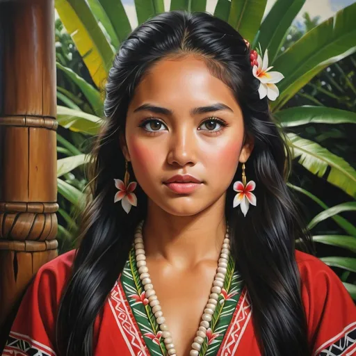 Prompt: Young Native Hawaii women, oil painting, hyper realistic, high details, symmetric, perfect eyes, perfect hair, beautiful, dark green eyes, black hair, tan skin, traditional red dress,