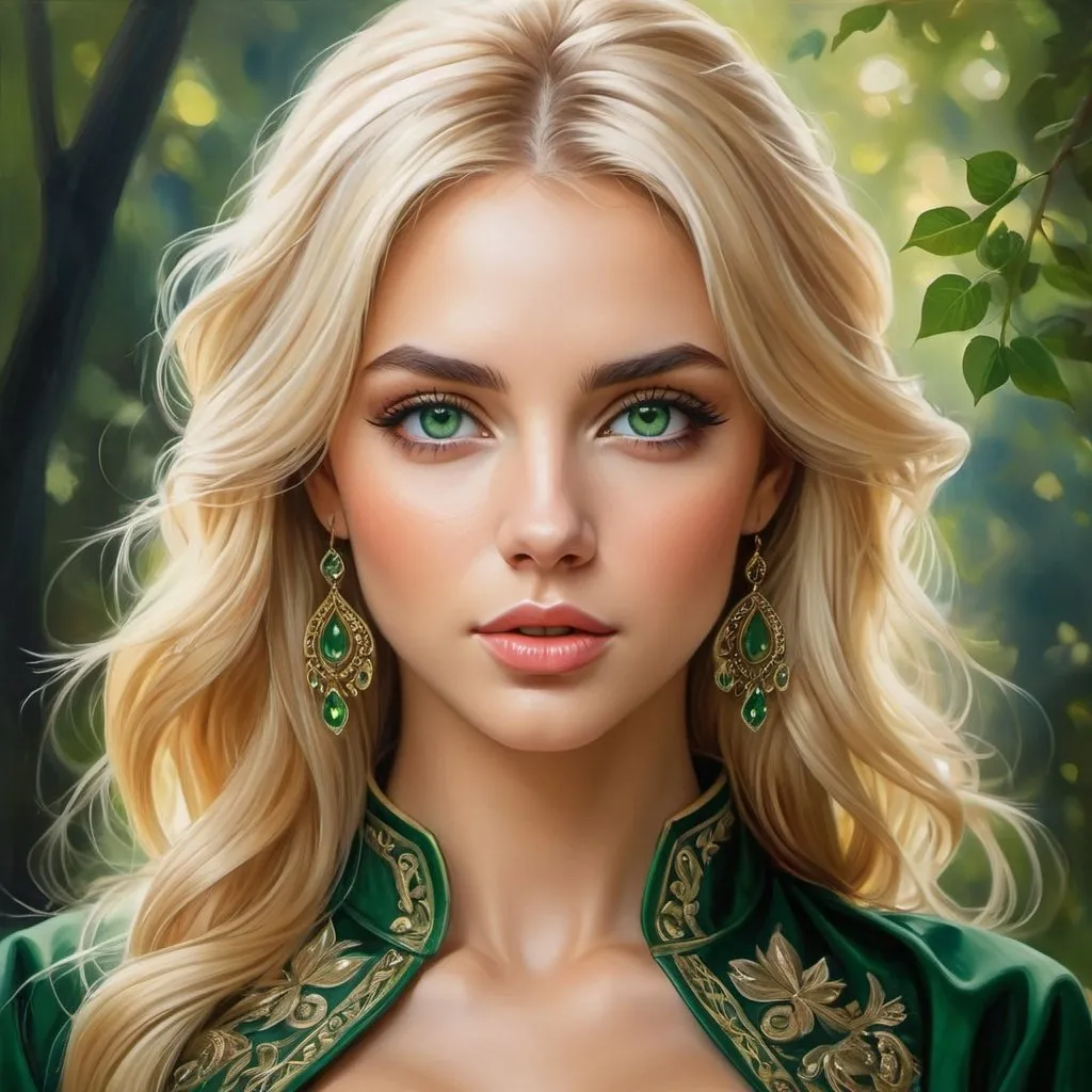 Prompt: Full length Women in fantasy clothing , oil painting, hyper realistic, high details, symmetric, perfect eyes, perfect hair, beautiful, blonde hair, green eyes,