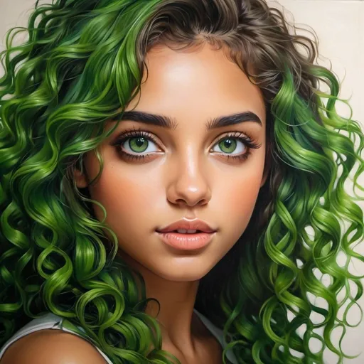 Prompt: Create a girl, high detail, oil painting, beautiful, perfect eyes, perfect hair, green curly hair, green colored eyes, beautiful, tan skin,