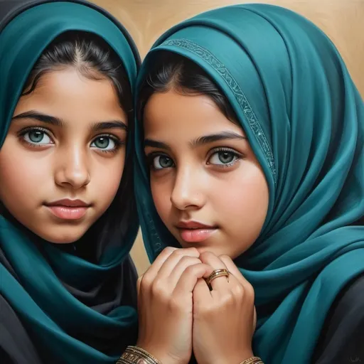 Prompt: 14 year girls, sisters, holding hands, oil painting, hyper realistic, high details, symmetric, perfect eyes, perfect hair, black hair, tan skin, dark teal hijab, grey eyes,