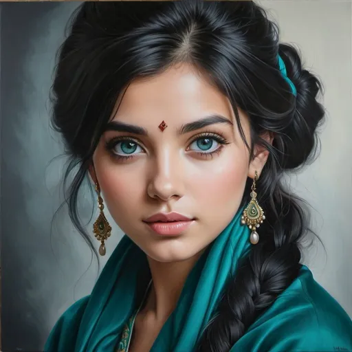 Prompt: Young to us, women, oil painting, hyper realistic, high details, symmetric, perfect eyes, perfect hair, beautiful, dark grey eyes, black hair, traditional teal clothes,