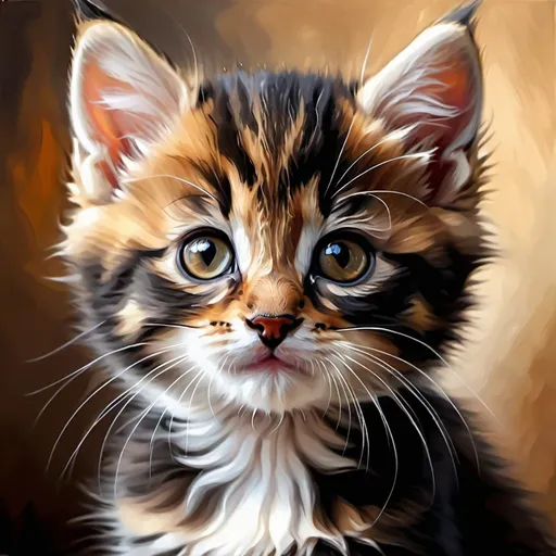 Prompt: Young kitten, oil painting, hyper realistic, high details, symmetric, perfect eyes, perfect fur, beautiful, dark brown eyes, dark fur, cute, fluffy, soft, 