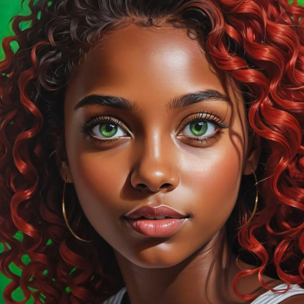 Prompt: Create a girl, high detail, oil painting, beautiful, perfect eyes, perfect hair, red and black curly hair, green colored eyes, beautiful, dark skin,