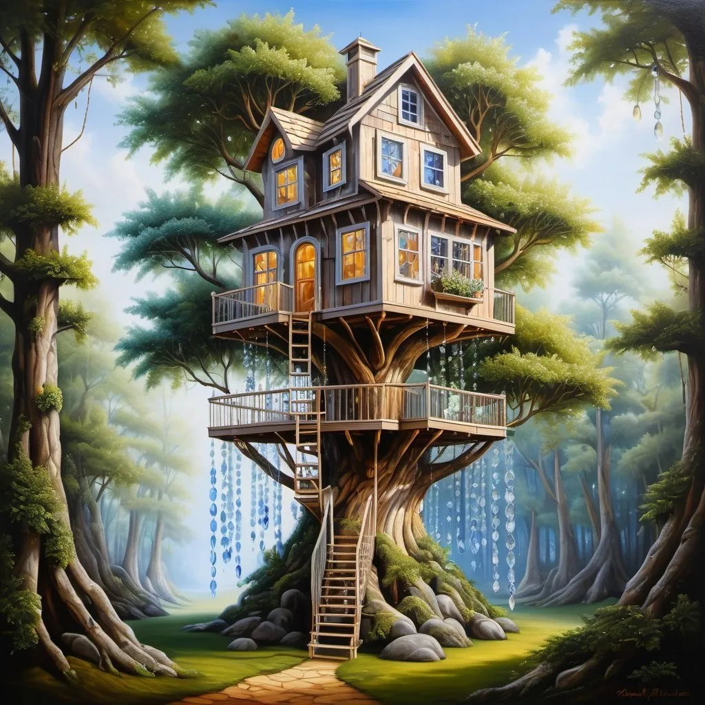 Prompt: A treehouse made of crystal, oil painting, hyper realistic, high details, symmetric, beautiful, 