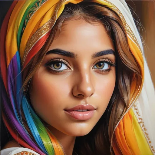 Prompt: Create a girl, high detail, oil painting, beautiful, perfect eyes, perfect hair, rainbow colored hair, multi colored eyes, beautiful, tan skin, middle Eastern,