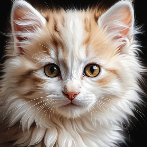 Prompt: Young kitten, oil painting, hyper realistic, high details, symmetric, perfect eyes, perfect fur, beautiful, dark brown eyes, white long fur, cute, fluffy, soft, 