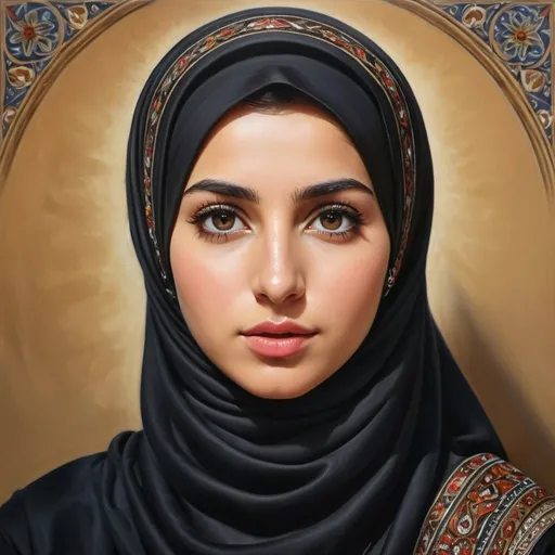 Prompt: Young Turkish women, oil painting, hyper realistic, high details, symmetric, perfect eyes, perfect hair, gorgeous, goddess like, beautiful, dark brown eyes, black hair, tan skin, traditional clothing, hijab,