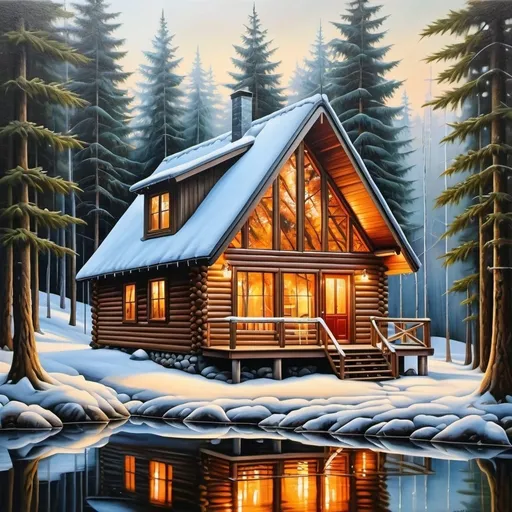 Prompt: A cabin in the woods made of crystal, oil painting, hyper realistic, high details, symmetric, beautiful, 