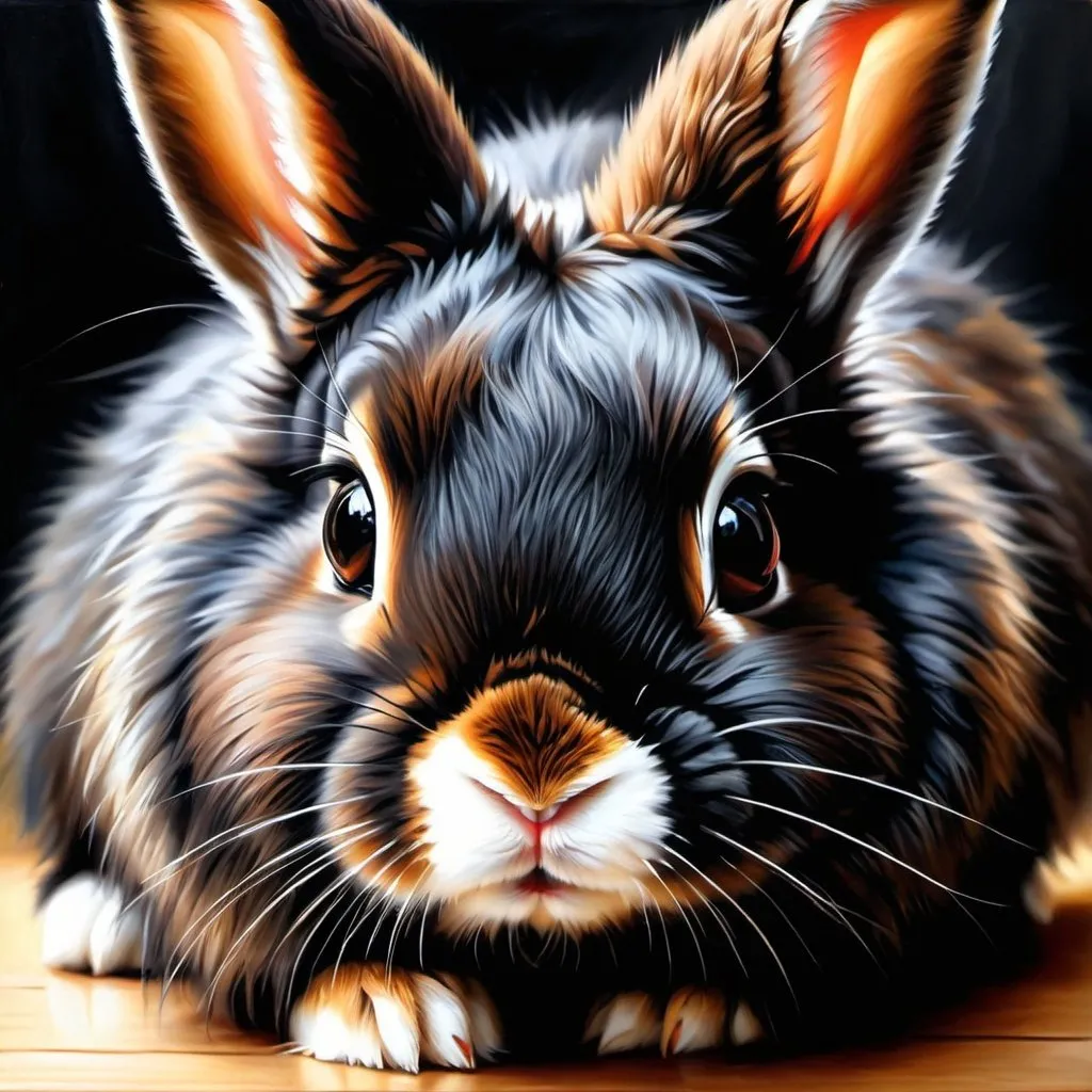 Prompt: Young bunny, oil painting, hyper realistic, high details, symmetric, perfect eyes, perfect fur, beautiful, dark brown eyes,  long black, fur, cute, fluffy, soft, 