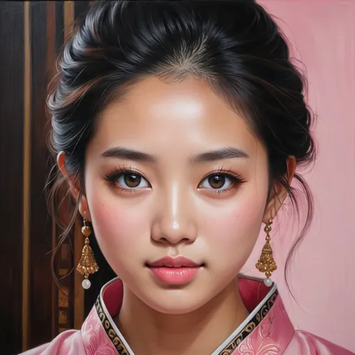 Prompt: Young Singaporean women, oil painting, hyper realistic, high details, symmetric, perfect eyes, perfect hair, beautiful, dark copper eyes, black hair, traditional pink dress,