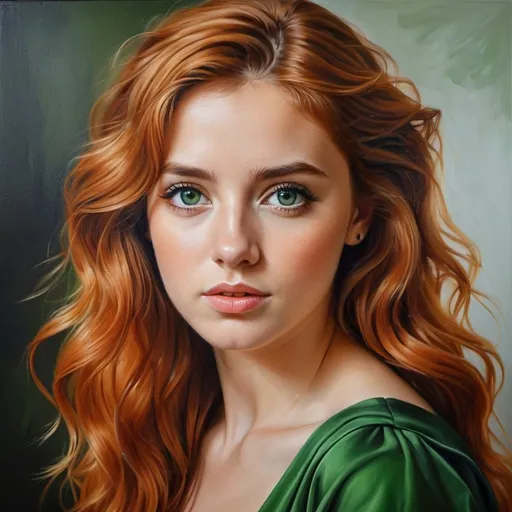 Prompt: Young  Scottish women, oil painting, hyper realistic, high details, symmetric, perfect eyes, perfect hair, beautiful, dark greek eyes, wavy, orange hair,  beautiful green dress,