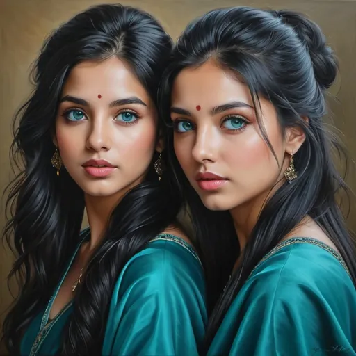 Prompt: Young to us, women, oil painting, hyper realistic, high details, symmetric, perfect eyes, perfect hair, beautiful, dark grey eyes, black hair, traditional teal clothes,