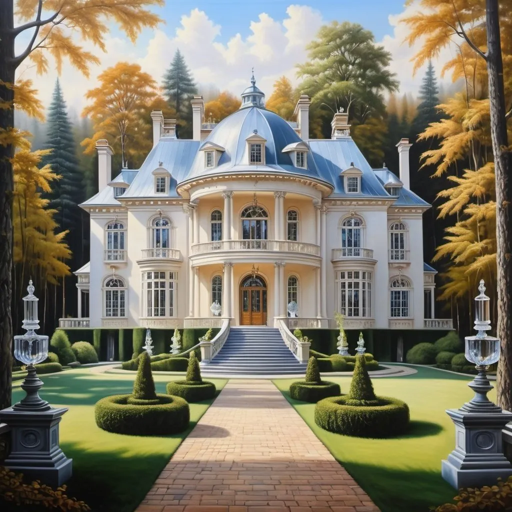 Prompt: A big mansion made of crystal, clearing in the woods, oil painting, hyper realistic, high details, symmetric, beautiful, defined,