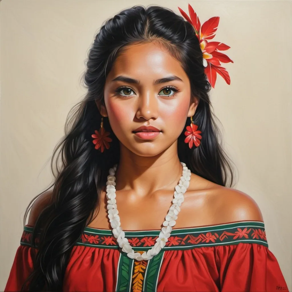 Prompt: Young Native Hawaii women, oil painting, hyper realistic, high details, symmetric, perfect eyes, perfect hair, beautiful, dark green eyes, black hair, tan skin, traditional red dress,