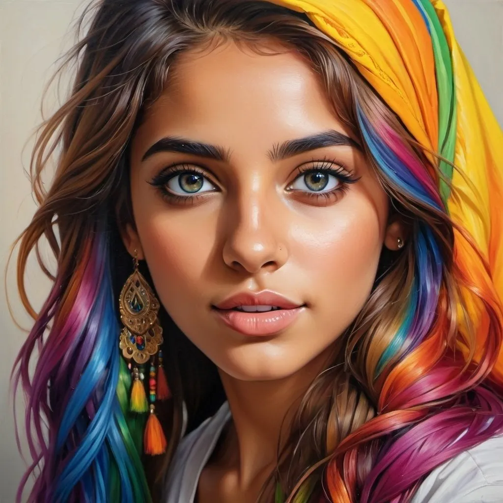 Prompt: Create a girl, high detail, oil painting, beautiful, perfect eyes, perfect hair, rainbow colored hair, multi colored eyes, beautiful, tan skin, middle Eastern,