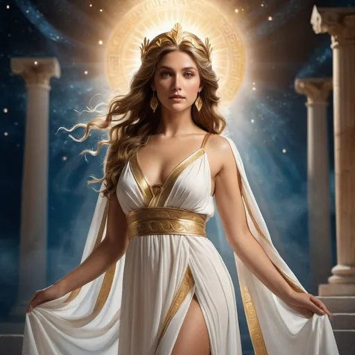 Prompt: Greek goddess , detailed robes, majestic pose, ethereal background, high quality, deity,  majestic pose, atmospheric lighting