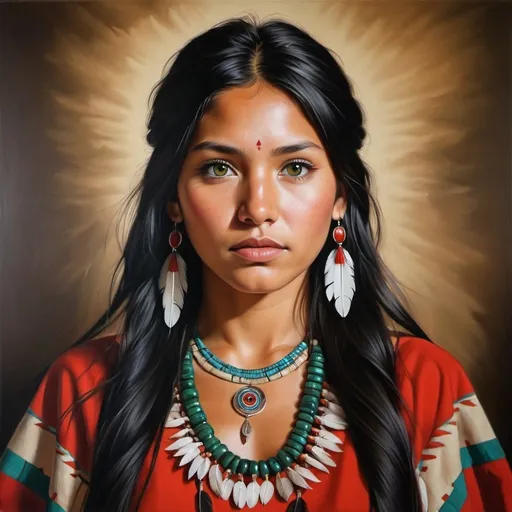 Prompt: Young Native American women, oil painting, hyper realistic, high details, symmetric, perfect eyes, perfect hair, beautiful, dark green eyes, black hair, tan skin, red dress,