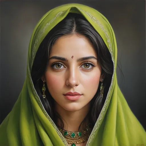 Prompt: Jewish women, oil painting, hyper realistic, high details, symmetric, perfect eyes, perfect hair, beautiful, dark grey eyes, black hair, traditional lime colored clothes, jewelry,