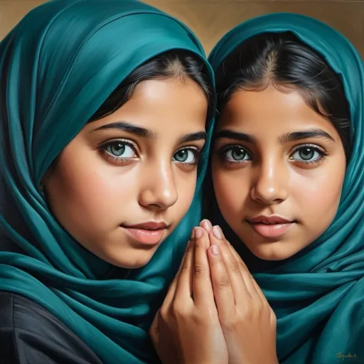 Prompt: 14 year girls, sisters, holding hands, oil painting, hyper realistic, high details, symmetric, perfect eyes, perfect hair, black hair, tan skin, dark teal hijab, grey eyes,