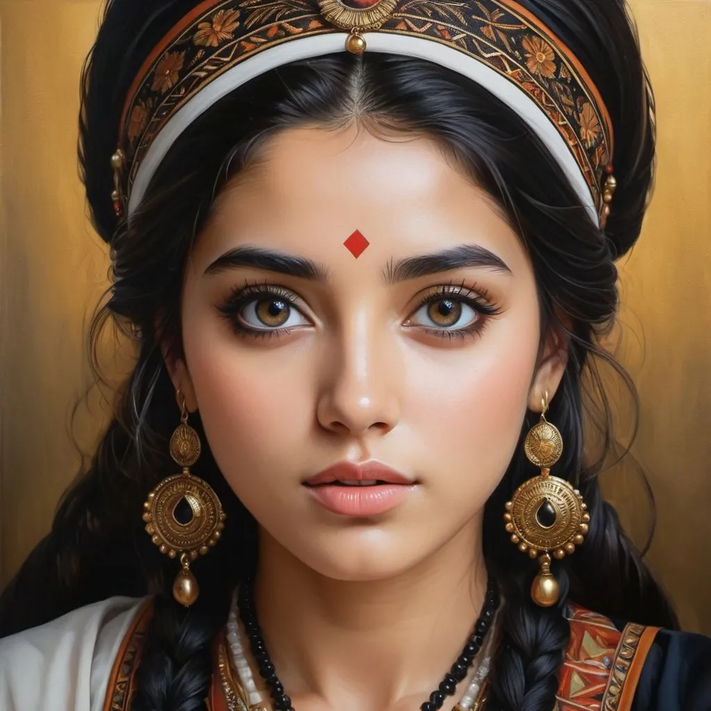 Prompt: Young  Colla women, oil painting, hyper realistic, high details, symmetric, perfect eyes, perfect hair, gorgeous, goddess like, beautiful, dark browns eyes, black hair, traditional clothing, 