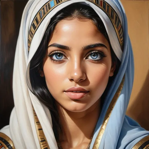 Prompt: Young Egyptian women, oil painting, hyper realistic, high details, symmetric, perfect eyes, perfect hair, beautiful, blue eyes, black hair, tan skin,