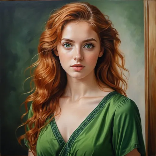 Prompt: Young  Scottish women, oil painting, hyper realistic, high details, symmetric, perfect eyes, perfect hair, beautiful, dark greek eyes, wavy, orange hair,  beautiful green dress,