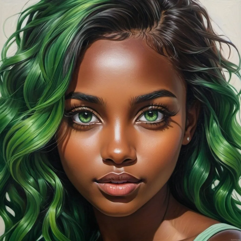 Prompt: Create a girl, high detail, oil painting, beautiful, perfect eyes, perfect hair, green wavy hair, green colored eyes, beautiful, dark skin,