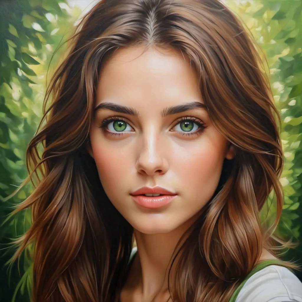 Prompt: Women in simple clothes, oil painting, hyper realistic, high details, symmetric, perfect eyes, perfect hair, beautiful, brown hair, green eyes,