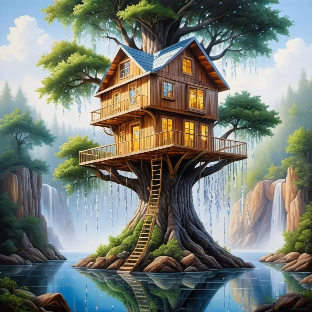 Prompt: A treehouse made of crystal, oil painting, hyper realistic, high details, symmetric, beautiful, 