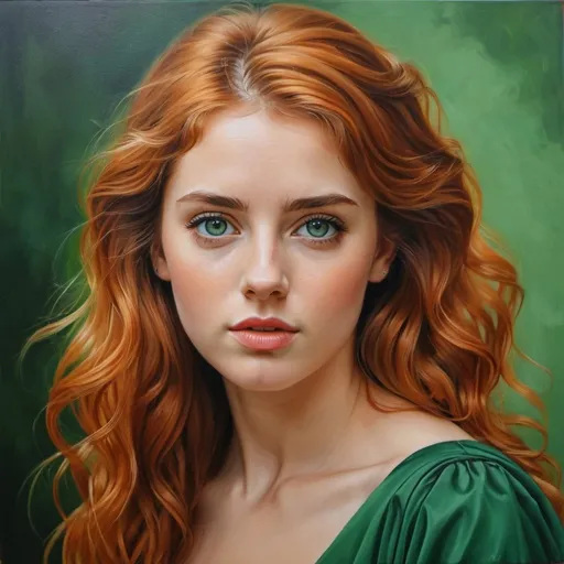 Prompt: Young  Scottish women, oil painting, hyper realistic, high details, symmetric, perfect eyes, perfect hair, beautiful, dark greek eyes, wavy, orange hair,  beautiful green dress,