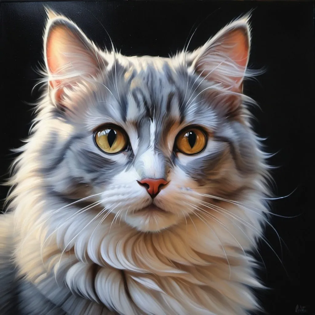 Prompt: A cute cat, oil painting, detail, hyper realistic, ethereal, dark lighting,