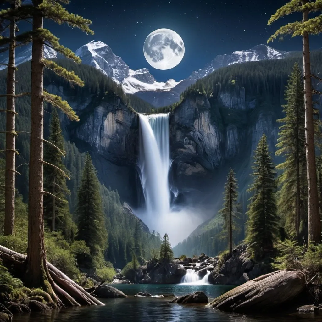 Prompt: Waterfall , woods, mountains in background, high definition, detailed, serene, tranquil, moon in the sky, nighttime, 