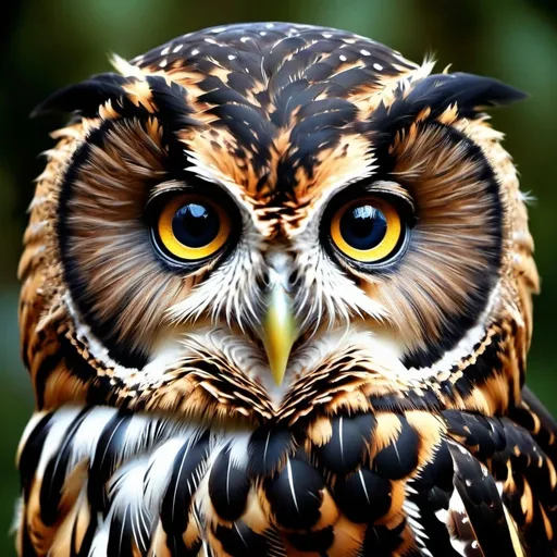 Prompt: Young owl, hyper realistic, high details, symmetric, perfect eyes, perfect feathers, beautiful, gorgeous features, dark blue eyes, black long feathers, cute, fluffy, soft, forest, midnight,