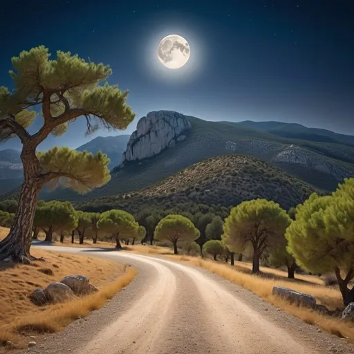 Prompt: Ancient Greek crossroads, woods, mountains in background, high definition, detailed, serene, tranquil, moon in the sky, nighttime, 