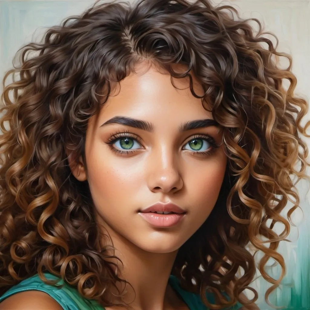 Prompt: Create a girl, high detail, oil painting, beautiful, perfect eyes, perfect hair, blue colored curly hair, green colored eyes, beautiful, tan skin,