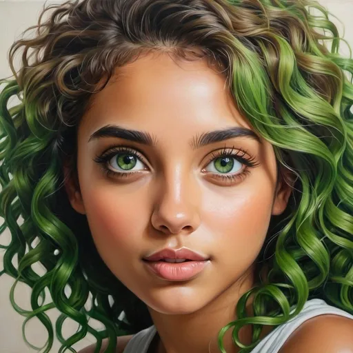 Prompt: Create a girl, high detail, oil painting, beautiful, perfect eyes, perfect hair, green curly hair, green colored eyes, beautiful, tan skin,