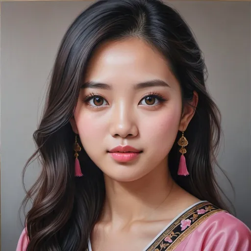 Prompt: Young Singaporean women, oil painting, hyper realistic, high details, symmetric, perfect eyes, perfect hair, beautiful, dark copper eyes, black hair, traditional pink dress,