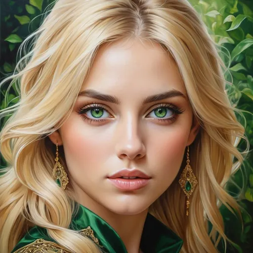 Prompt: Women in fantasy clothing , oil painting, hyper realistic, high details, symmetric, perfect eyes, perfect hair, beautiful, blonde hair, green eyes,