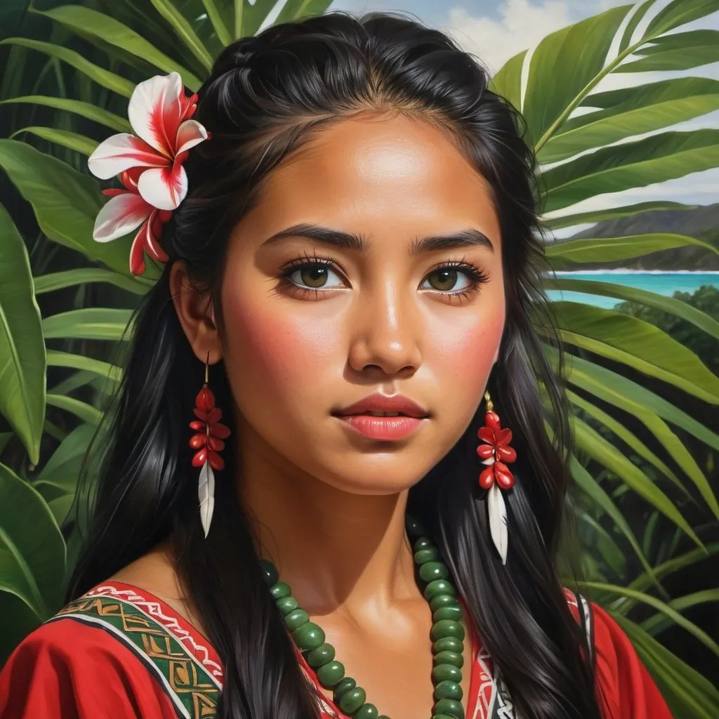 Prompt: Young Native Hawaii women, oil painting, hyper realistic, high details, symmetric, perfect eyes, perfect hair, beautiful, dark green eyes, black hair, tan skin, traditional red dress,