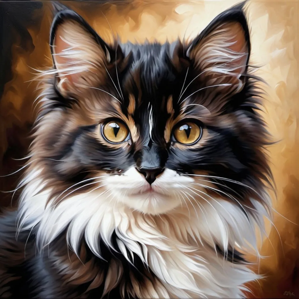 Prompt: Young kitten, oil painting, hyper realistic, high details, symmetric, perfect eyes, perfect fur, beautiful, dark brown eyes,  tuxedo cat, long fur, cute, fluffy, soft, 