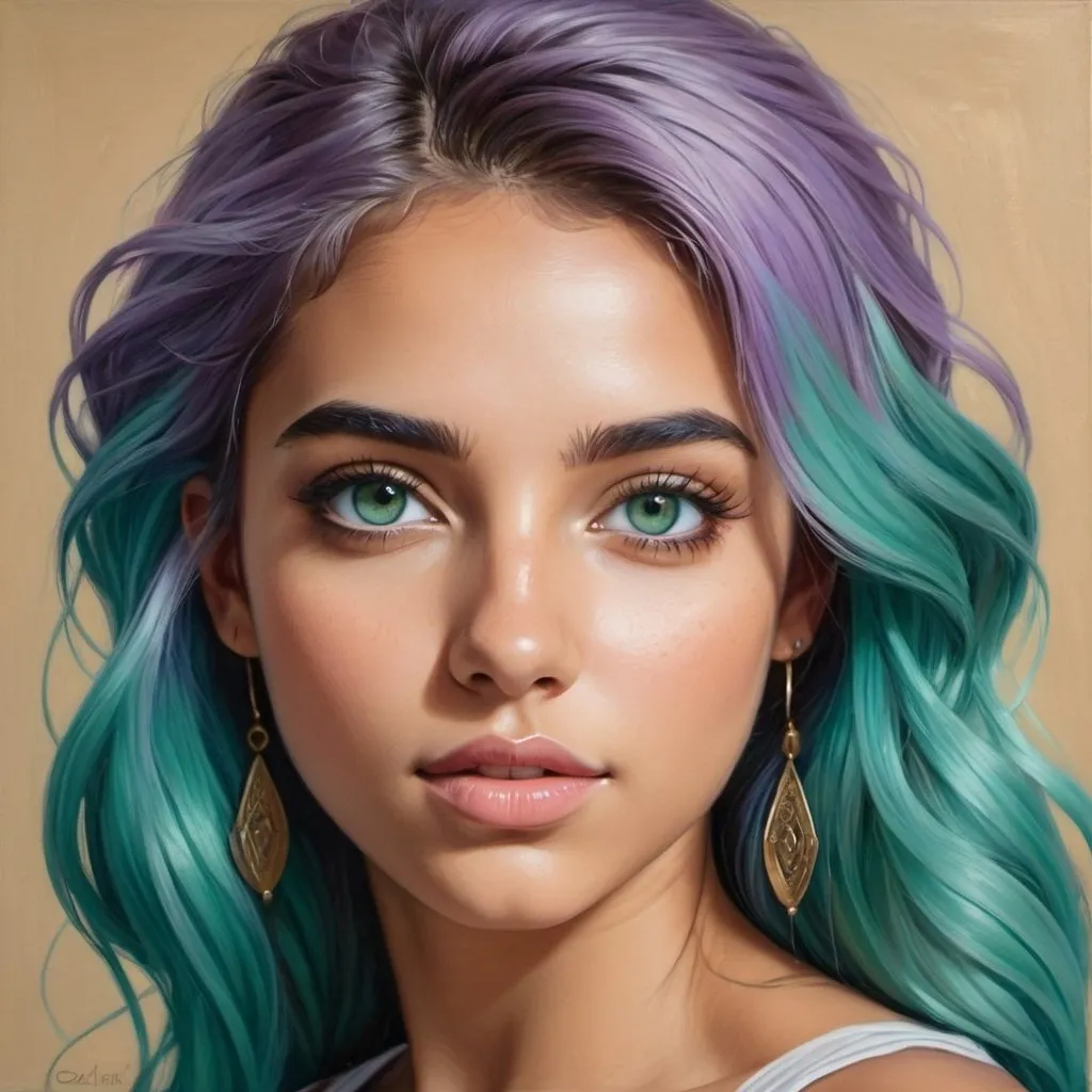 Prompt: Create a girl, high detail, oil painting, beautiful, perfect eyes, perfect hair, teal and lavender colored hair, green eyes, beautiful, tan skin, Greek,